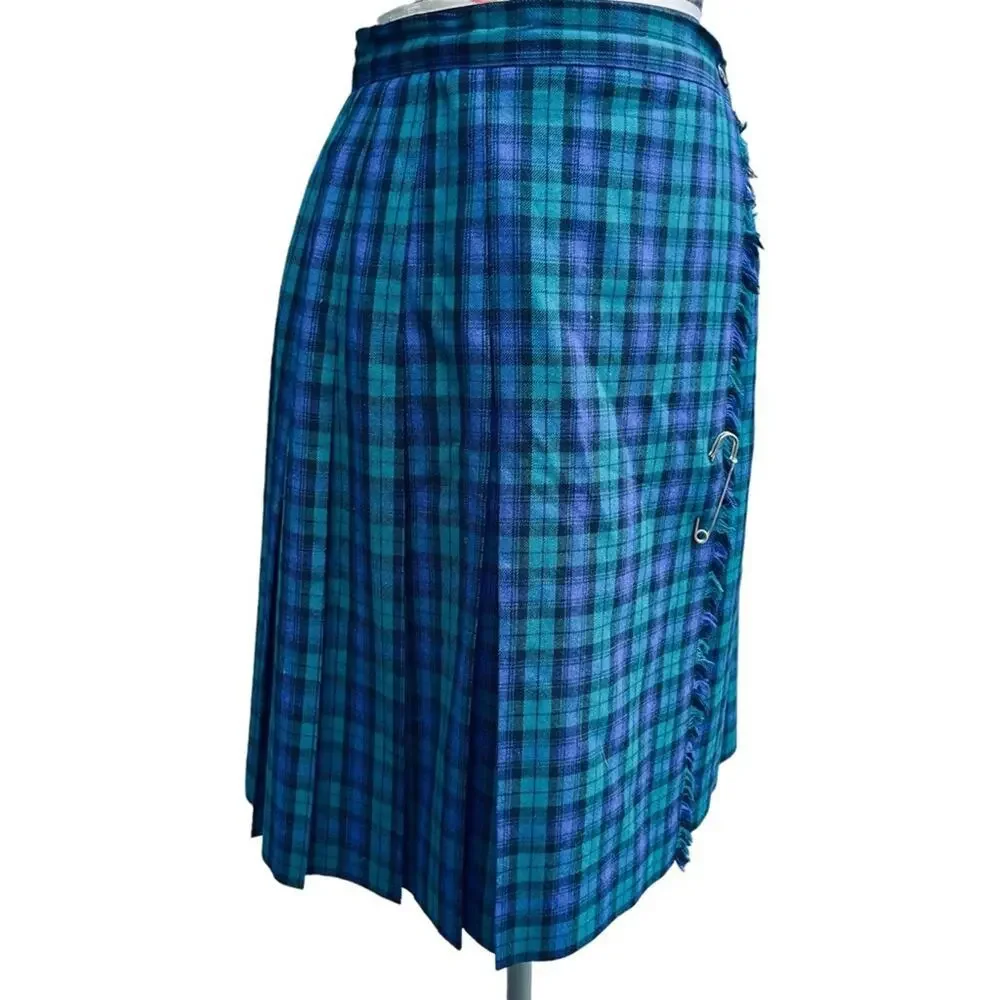 Vtg 90s Pleated Plaid Tartan Fringe Kilt Wool Preppy Academia Wrap Skirt M - Picture 3 of 6